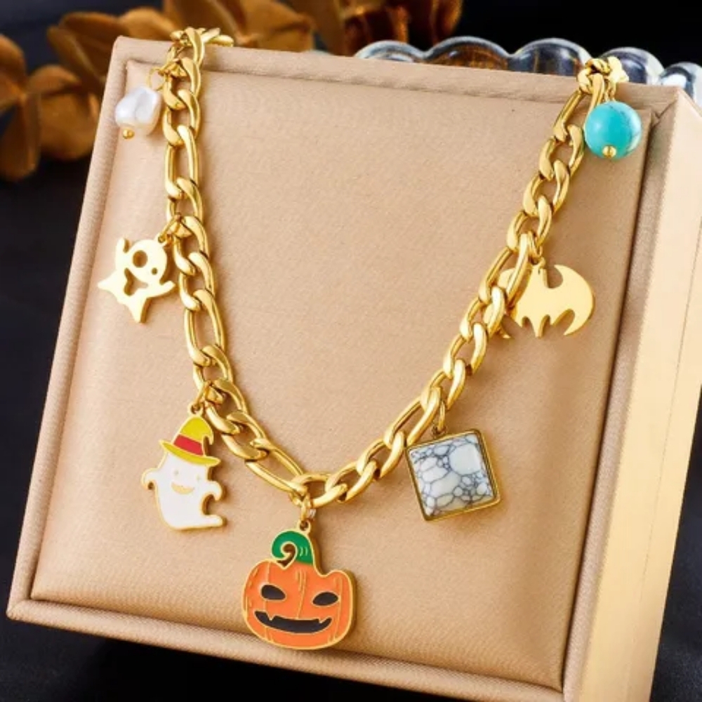 Haunted Whimsy Halloween Gold Chain With Spooky Cute Accents Charm Bracelet - Picture 11 of 11